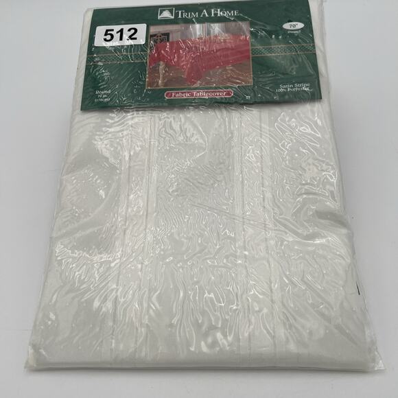 Trim a Home White Cloth Tablecloth Round 70” Satin Strip Polyester NEW - Picture 6 of 14
